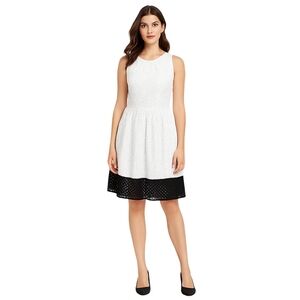 LONDON TIMES Eyelet Fit and Flare Dress Womens Size 6 White Black Bridal Party